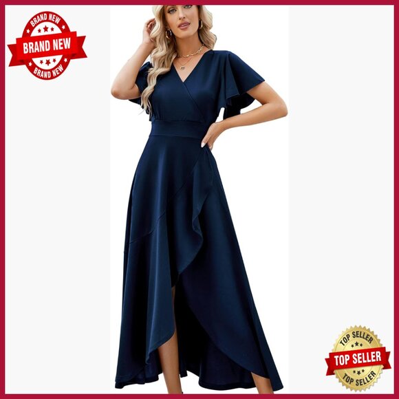 Dresses & Skirts - Formal Maxi Dress with V-Neck Wrap Waist Ruffle Sleeves for Evening Party